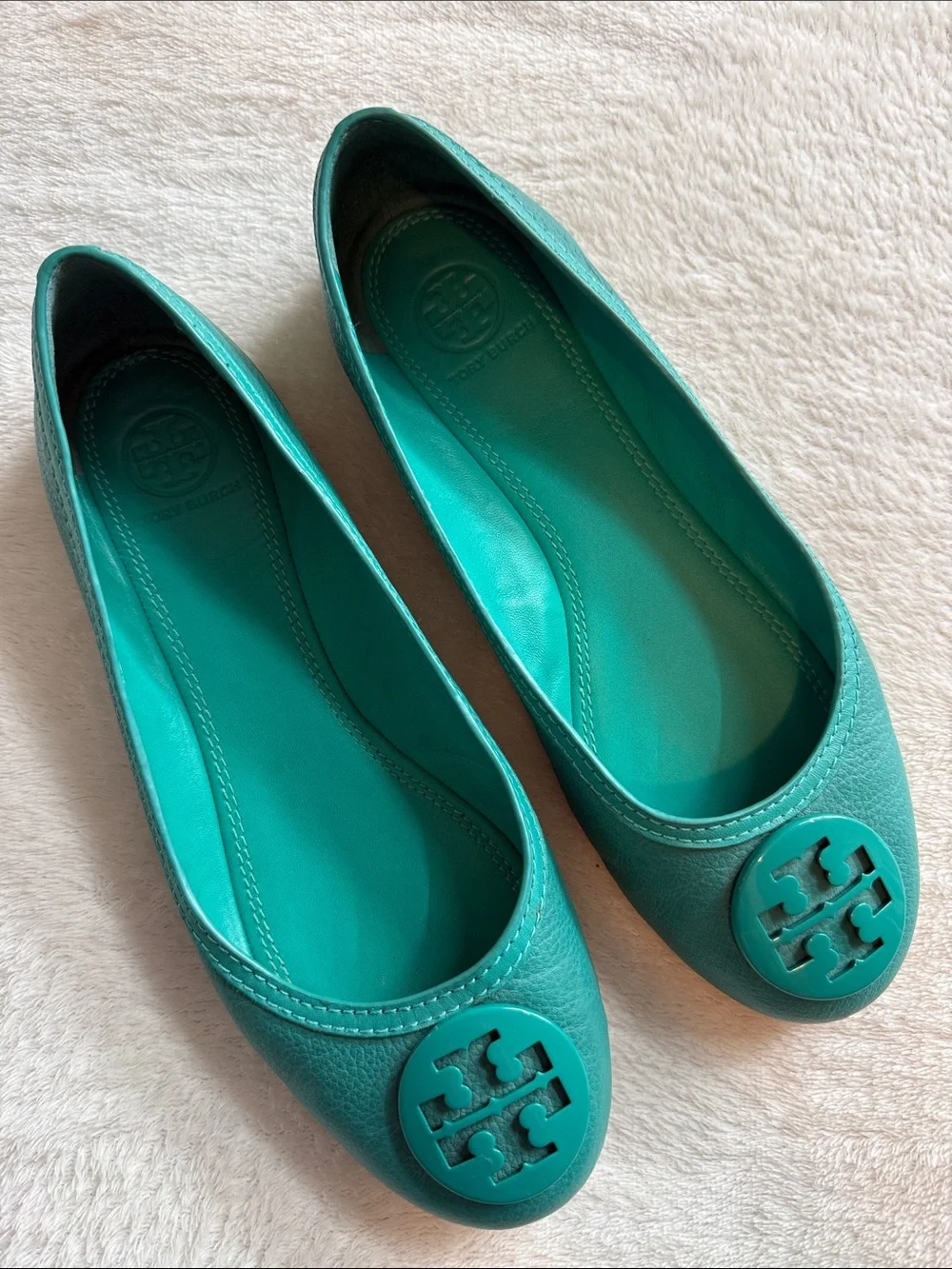 Tory Burch Turquoise Teal Leather Logo Ballet Flats Size 8